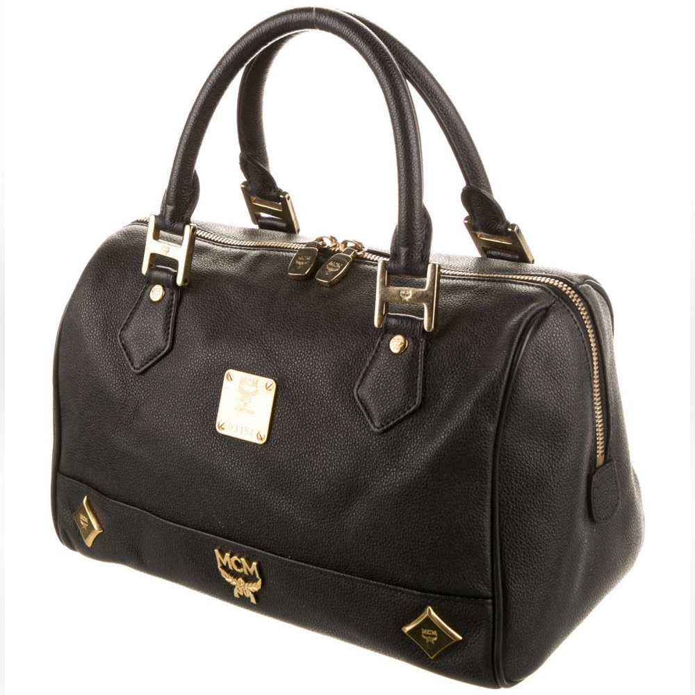 MCM Leather Studded Small Heritage Boston Bag
